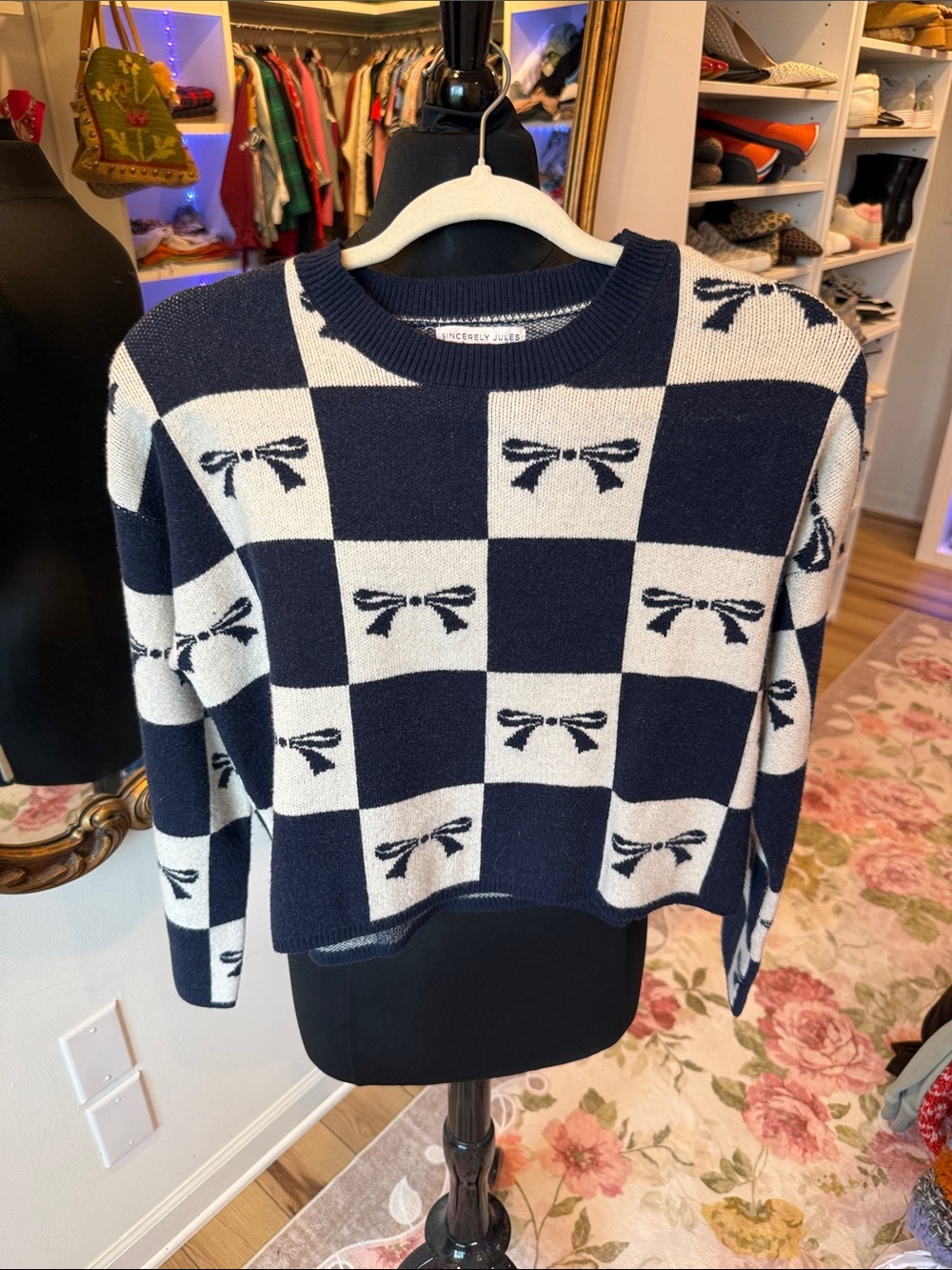 Sincerely Jules Navy & Cream Checkerboard Bow Crewneck Sweater
